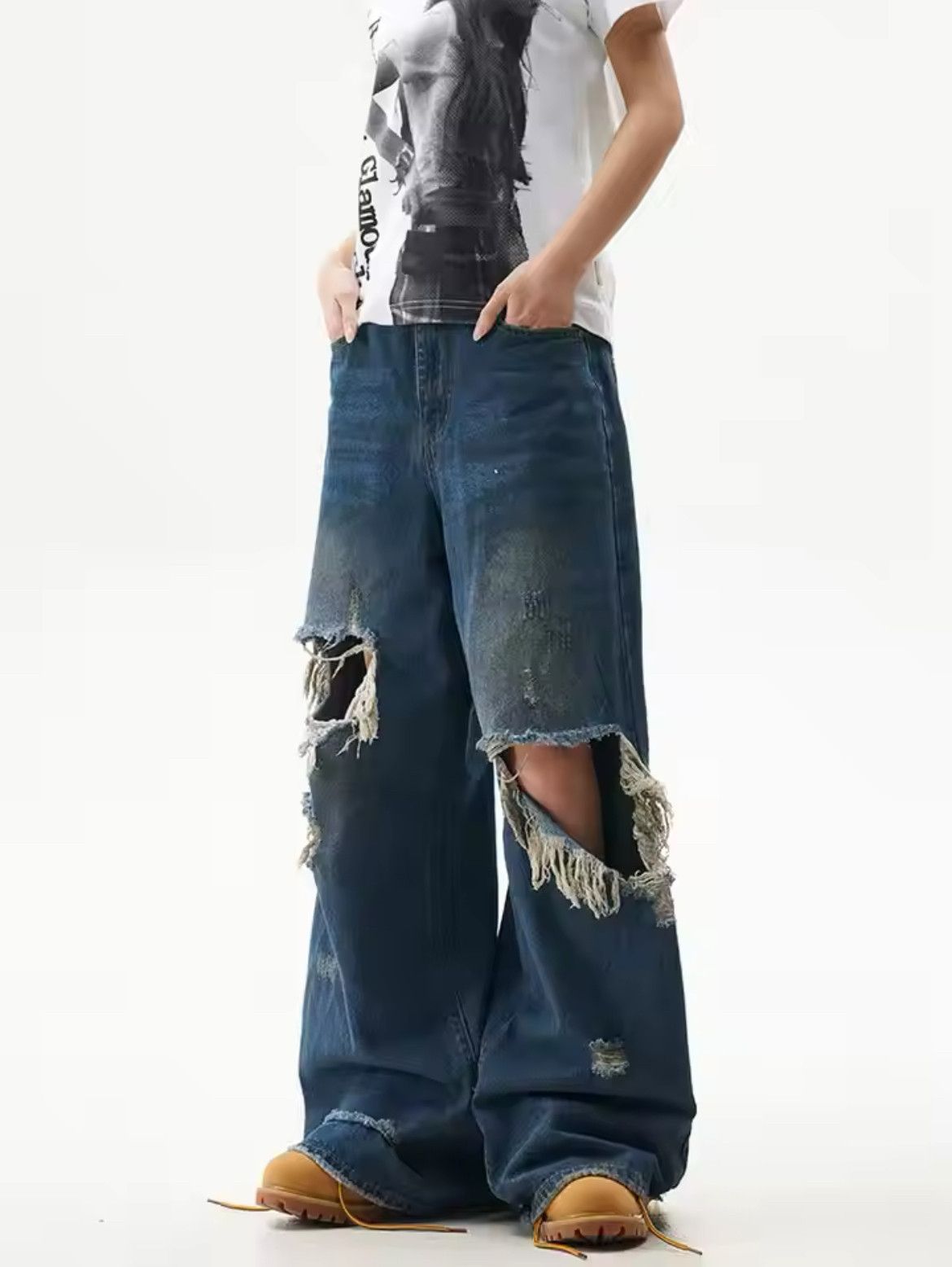 Jean Distressed Frayed Blue Unisex Jean Size US 30 / EU 46 - 1 Thumbnail
