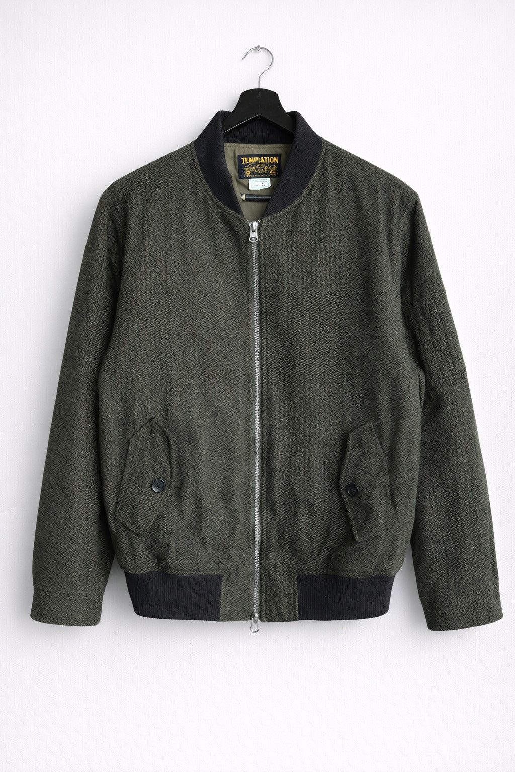 Japanese Brand Vintage Temptation Herringbone Jacket Olive Green Wool Blend Size US L / EU 52-54 / 3 - 1 Thumbnail