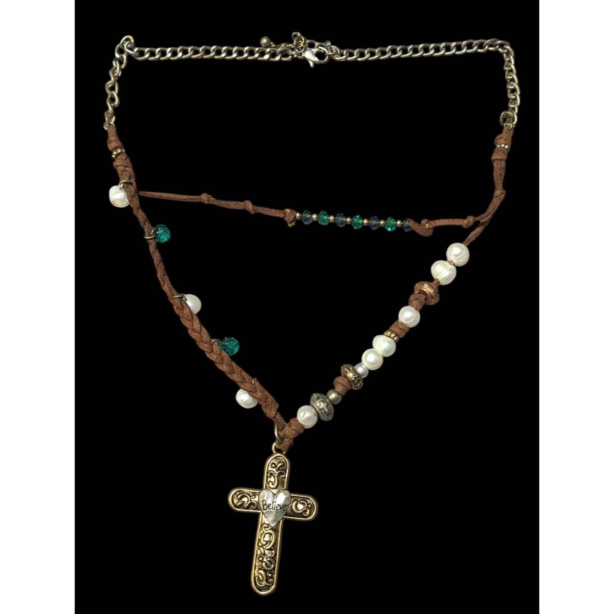 Other Rustic Suede Pearl Beaded Embossed Cross Pendant Necklace Size ONE SIZE - 1 Thumbnail