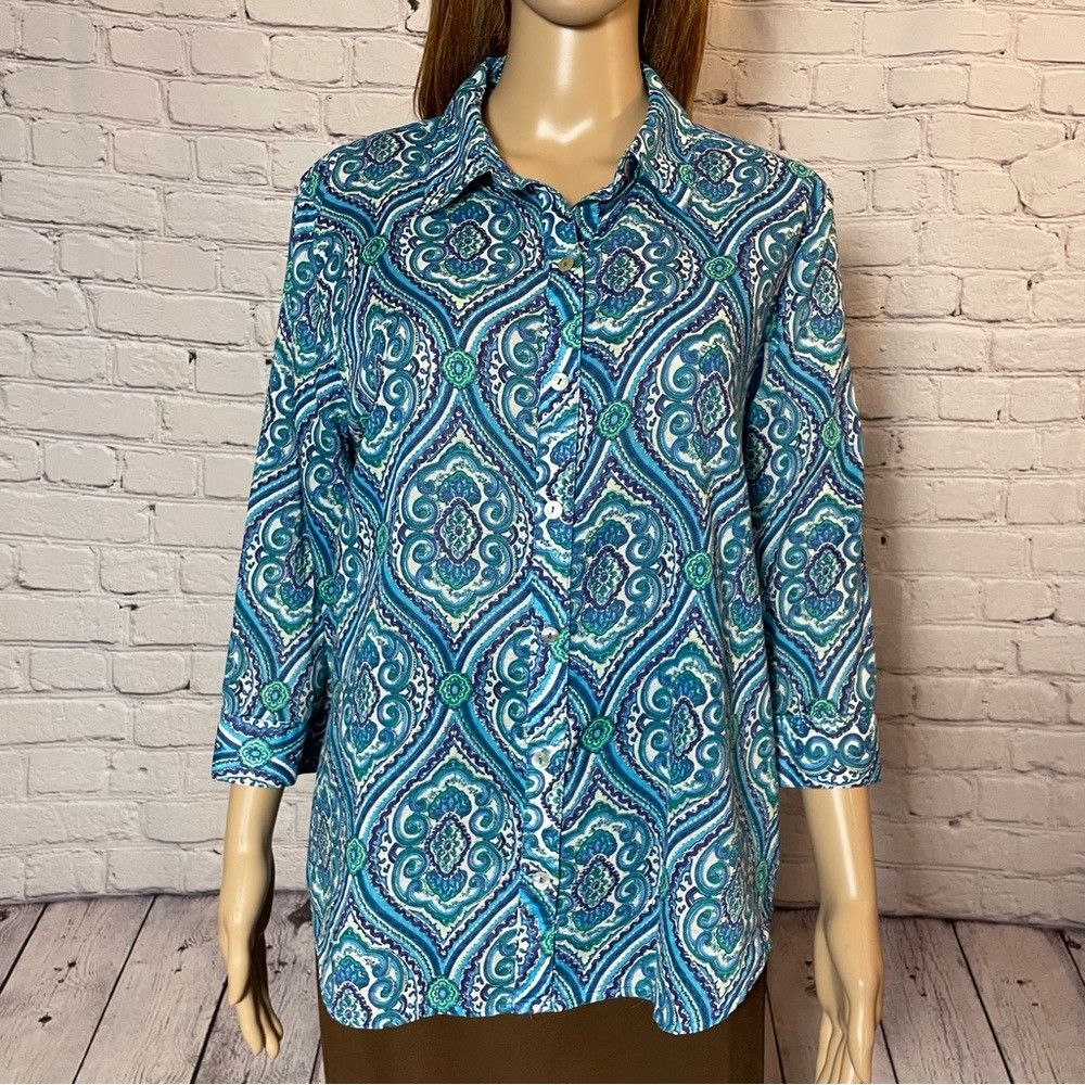 Chicos Chico's Blue Cotton 3/4 Sleeve Button Shirt Size 2 US L Size L / US 10 / IT 46 - 2 Thumbnail