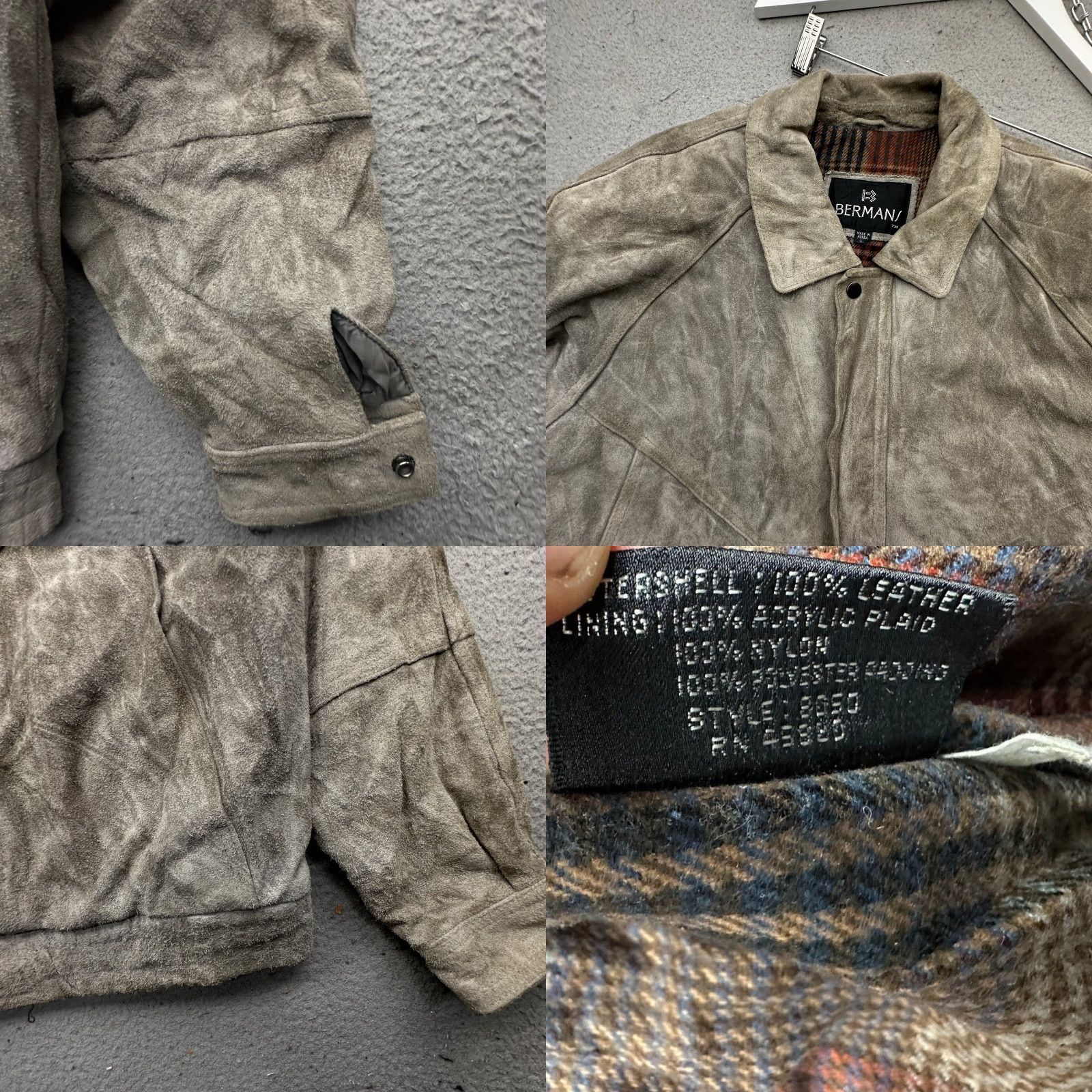 Ben Sherman VINTAGE Bermans Suede Leather Bomber Jacket Mens Large Gray Plaid Lined Size US L / EU 52-54 / 3 - 8 Thumbnail