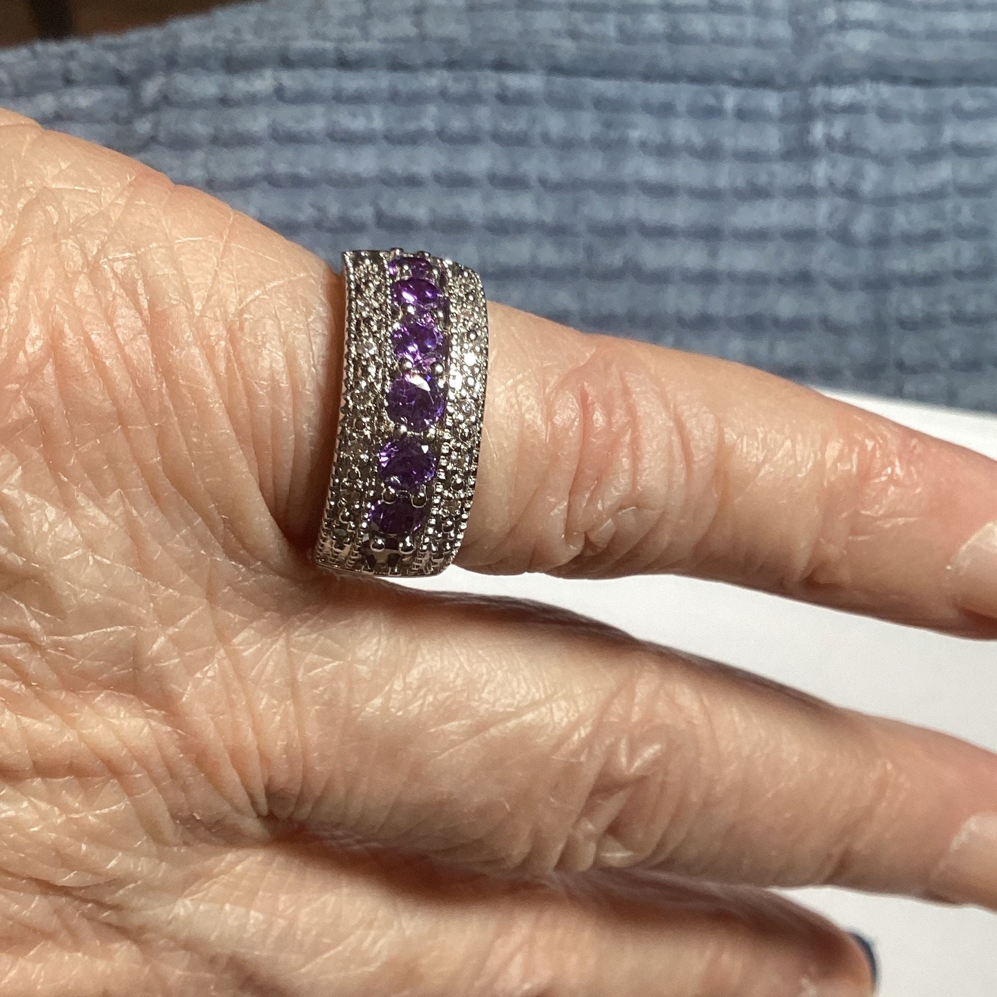 Other Sterling 925 Silver Wide Band Ring With Seven Amethyst Gemst Size ONE SIZE - 2 Thumbnail