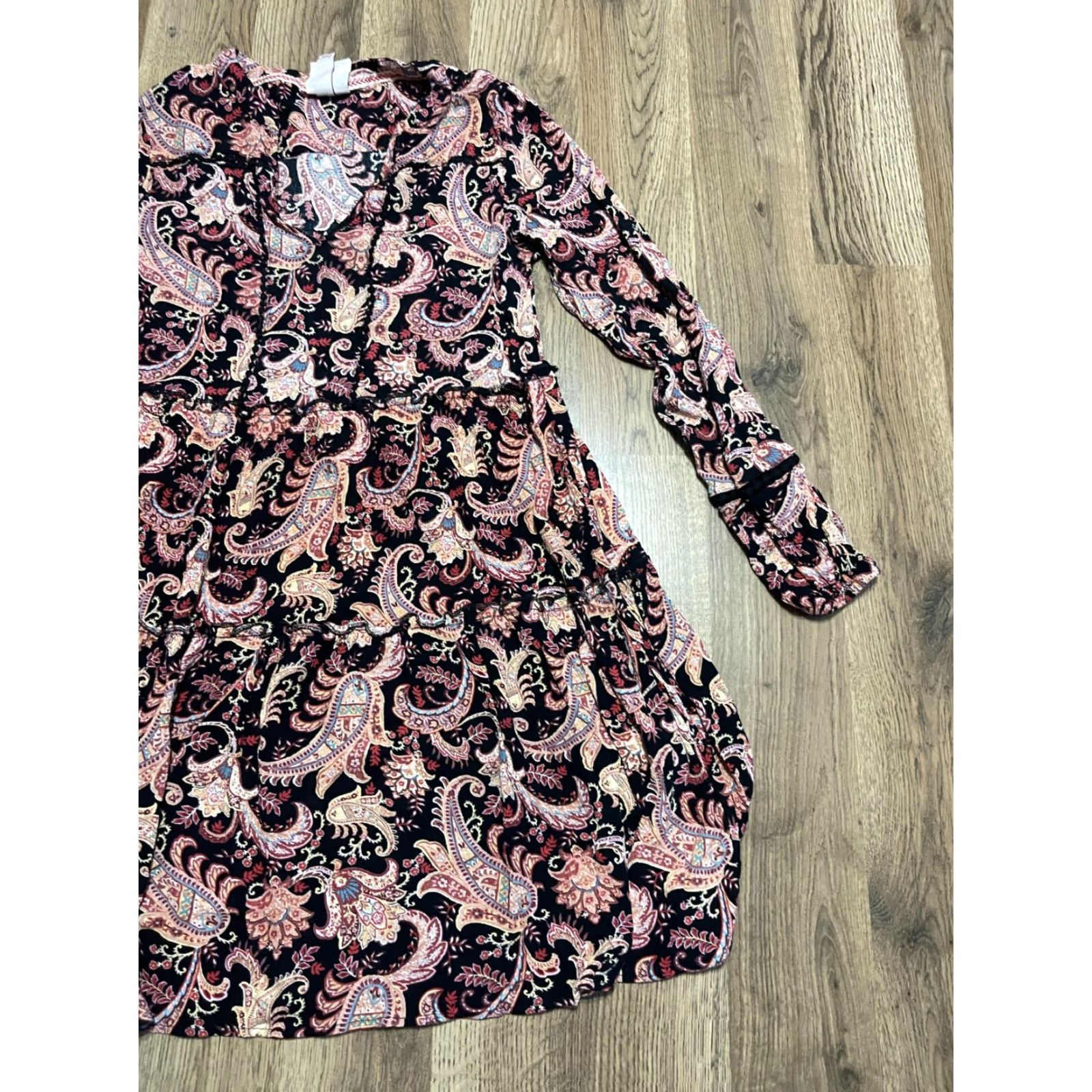 Vintage Knox Rose Dress Womens XS Pink Black Paisley V-Neck Long Sleeve A-Line Knee Length Size XS / US 0-2 / IT 36-38 - 4 Thumbnail