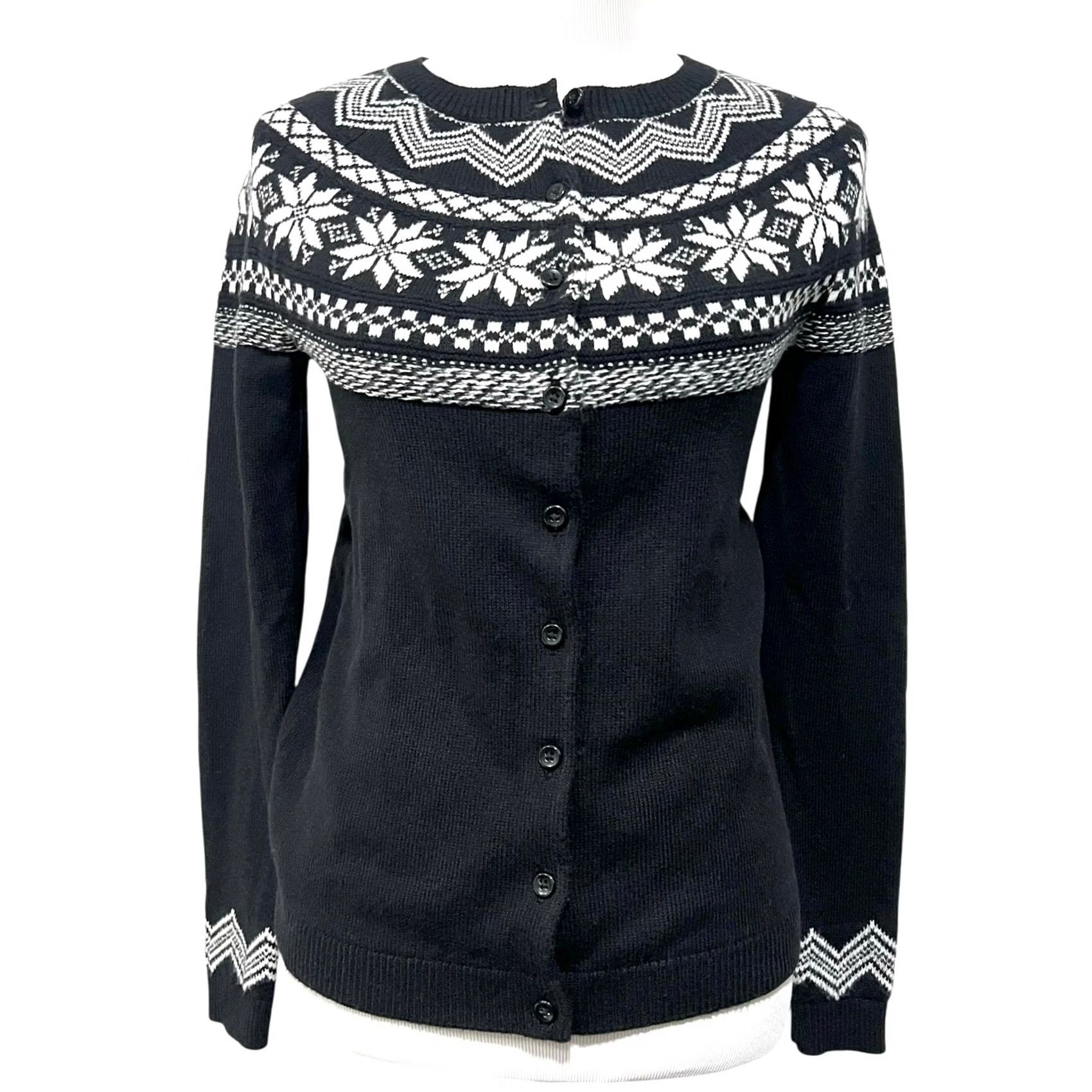 Talbots Talbots Snowflake Fair Isle Cardigan Cotton Blend Black & White Women’s XS Cardigan Womens XS Black White Fair Isle Knit Winter Casual Vintage? Size XS / US 0-2 / IT 36-38 - 2 Thumbnail
