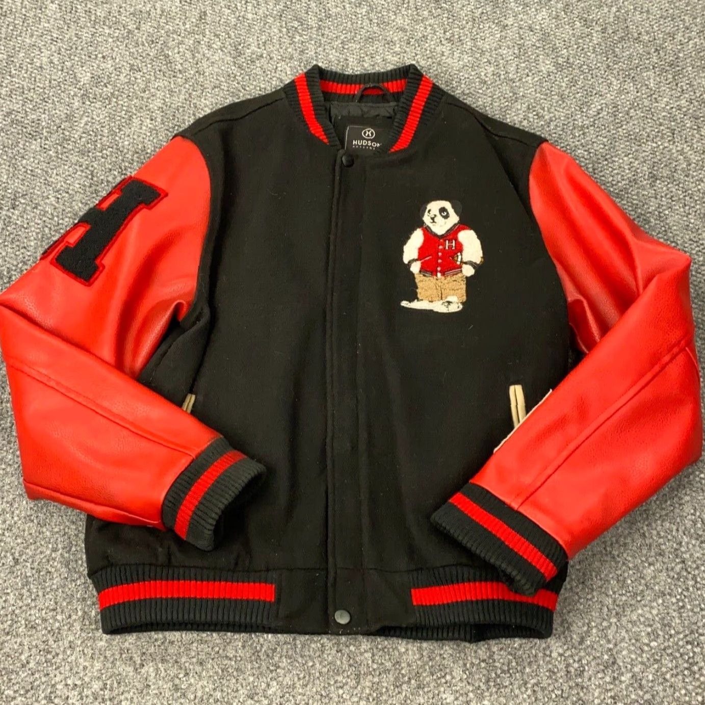 Hudson Hudson Varsity Jacket Mens XL Black Panda 90s College Designer Hip Hop Sports Embroidered Pockets Zip Short Coat/Outerwear Size US XL / EU 56 / 4 - 2 Thumbnail