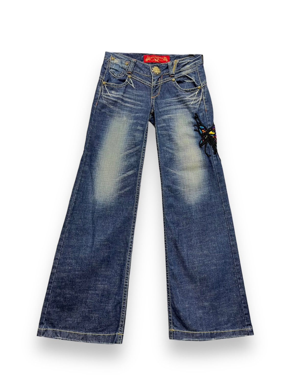Arts & Science FYE TATTOO🔥RED PEPPER Butterfly Embroidery Wide Flare Denim Size 29" - 2 Thumbnail