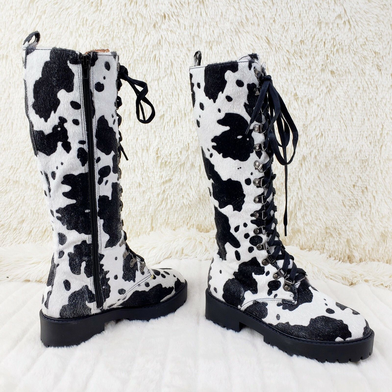 Other Savage Goth Punk Rock Faux Cow Fur Lace Up Platform Combat K Size US 7 / IT 37 - 4 Thumbnail
