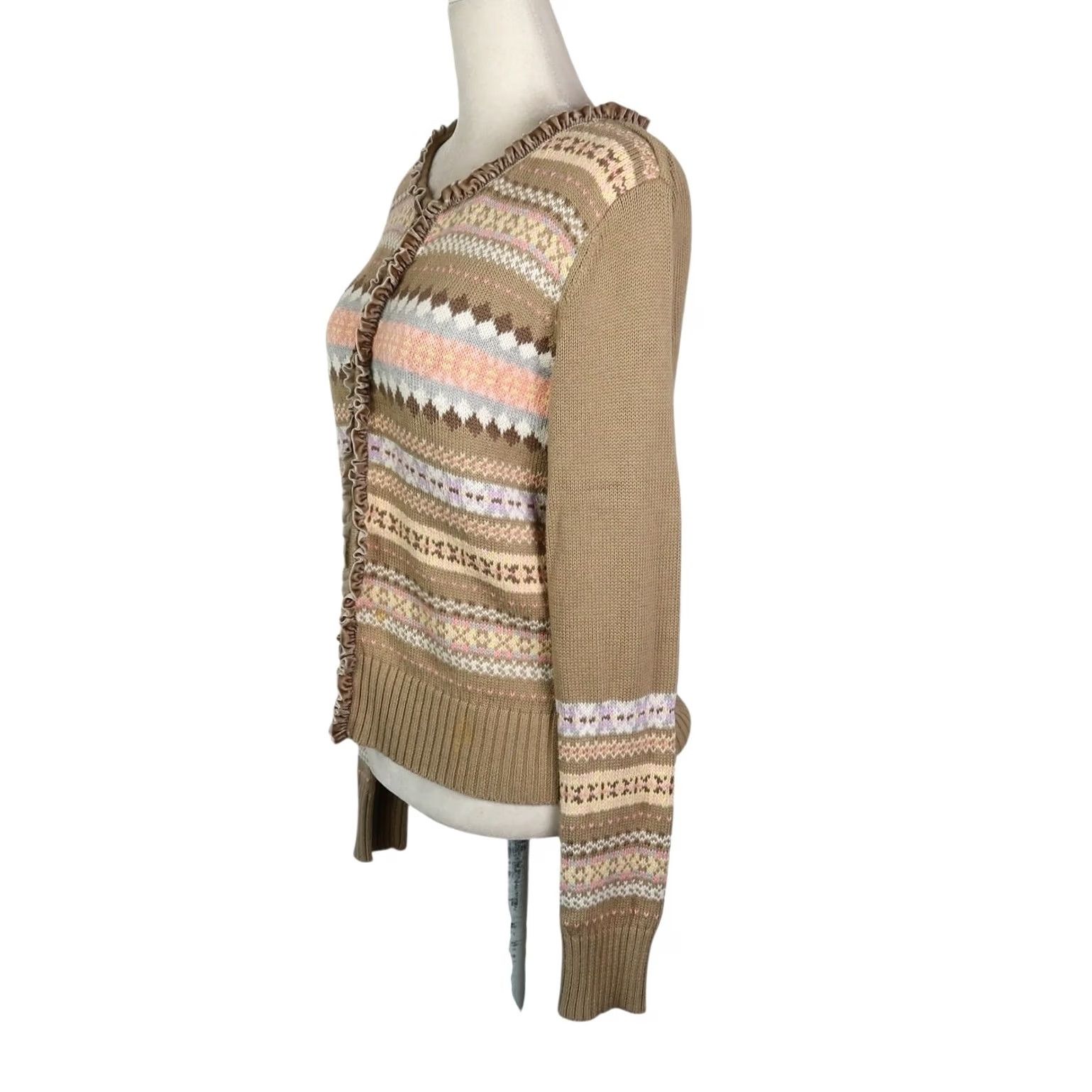 Liz Claiborne VINTAGE 90s Liz Claiborne Cardigan Sweater Fair Isle Geometric Tan M Women Long Sleeve Knit oversized? Size M / US 6-8 / IT 42-44 - 3 Thumbnail