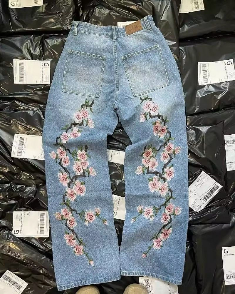 Japanese Brand × Jean embroidery cherry flower wide leg Jeans Size US 31 - 2 Thumbnail
