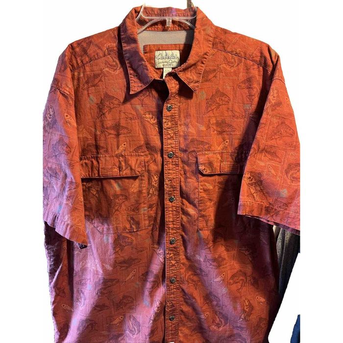 Cabelas Cabelas Shirt Men XL Button Burnt Orange Fish All Over Print