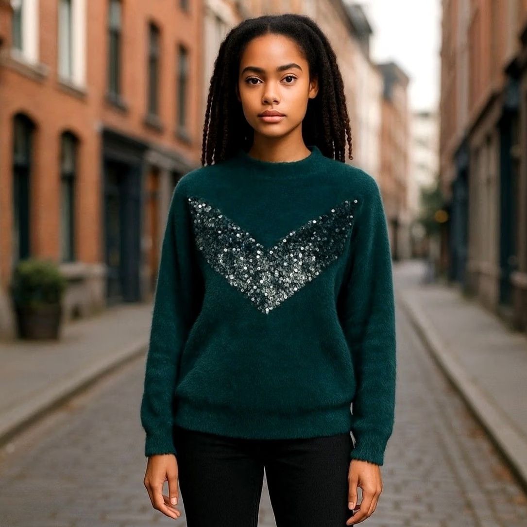 Nine West Cara Santana Nine West Emerald Green Sequin Sweater Fuzzy Soft Women’s Sz M - Pullover Long Sleeve Balloon Sleeve Size M / US 6-8 / IT 42-44 - 2 Thumbnail