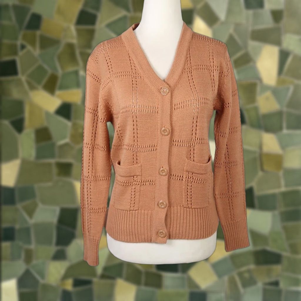 Camel VINTAGE Loubella Extendables Cardigan Sweater S Women Camel Tan Grid Knit Long Sleeve 70s Size S / US 4 / IT 40 - 1 Thumbnail
