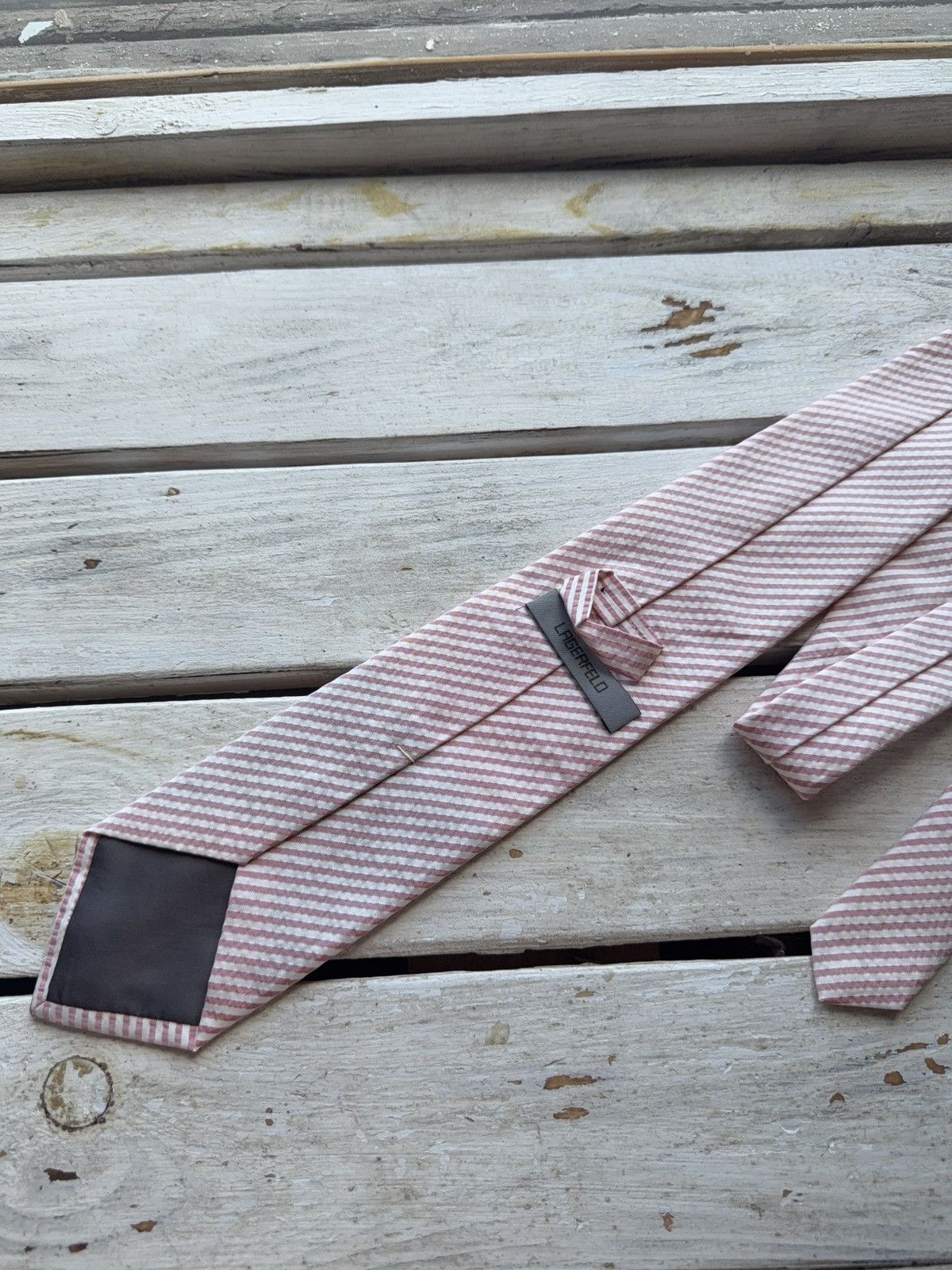 Designer × Karl Lagerfeld Vintage Karl Lagerfeld Striped Tie – Pink & White Seersucker Size ONE SIZE - 6 Thumbnail
