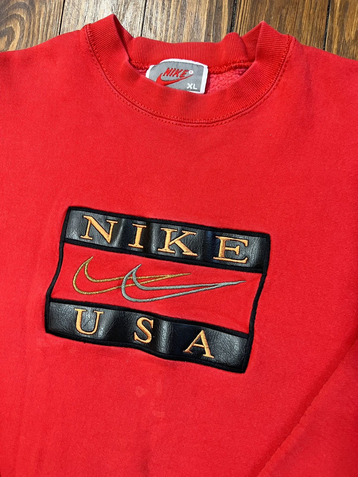 Nike × Vintage Vintage 90s Nike Swoosh Logo Crewneck Sweatshirt Leather Size US XL / EU 56 / 4 - 1 Thumbnail