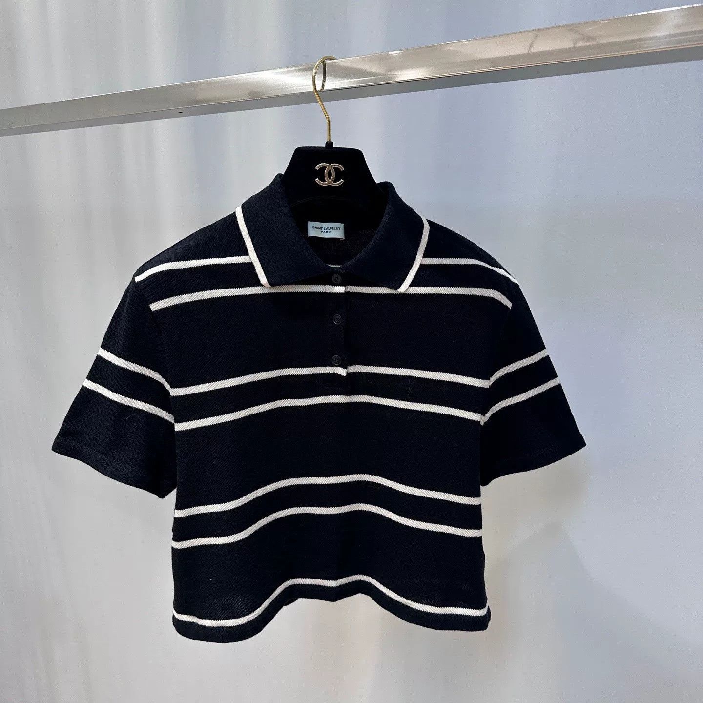 Saint Laurent Paris Saint Laurent Striped Cropped Polo Shirt Size M / US 6-8 / IT 42-44 - 1 Thumbnail