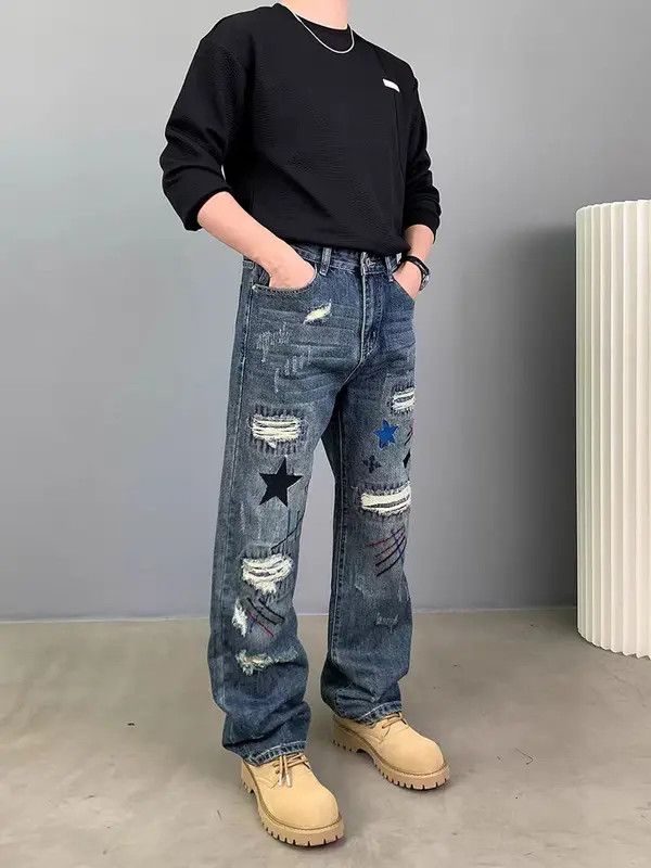 VIBE Street embroidered hip-hop loose casual ripped jeans Size US 32 / EU 48 - 1 Thumbnail