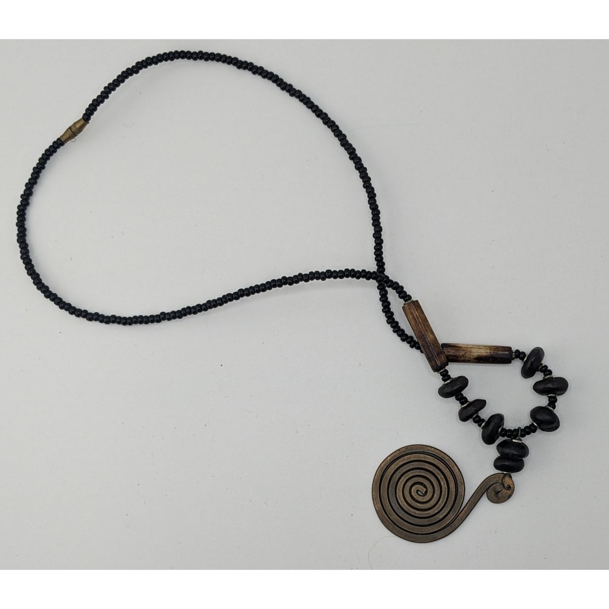 Handmade Vintage Tribal Spiral Pendant Necklace With Black Beads Wood Size ONE SIZE - 4 Thumbnail