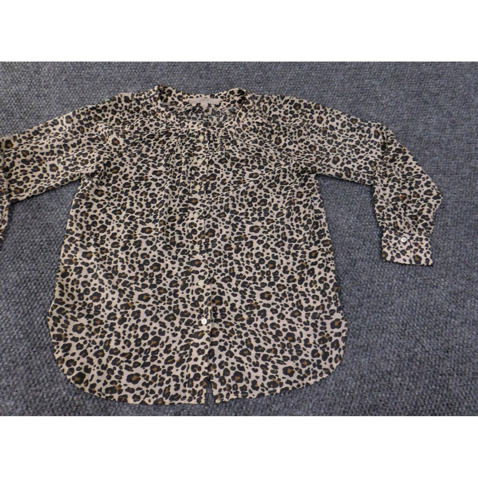 Ann Taylor LOFT Blouse Womens XS Brown Black Leopard Print Lightweight Long Sleeve Button Henley Casual Breathable Animal Print Size XS / US 0-2 / IT 36-38 - 3 Thumbnail