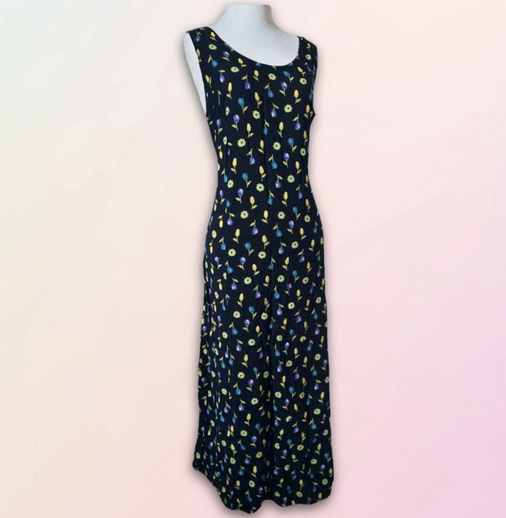 Vintage Vintage, Floral, Navy, Rayon, Sleeveless Maxi Dress Size L / US 10 / IT 46 - 1 Thumbnail