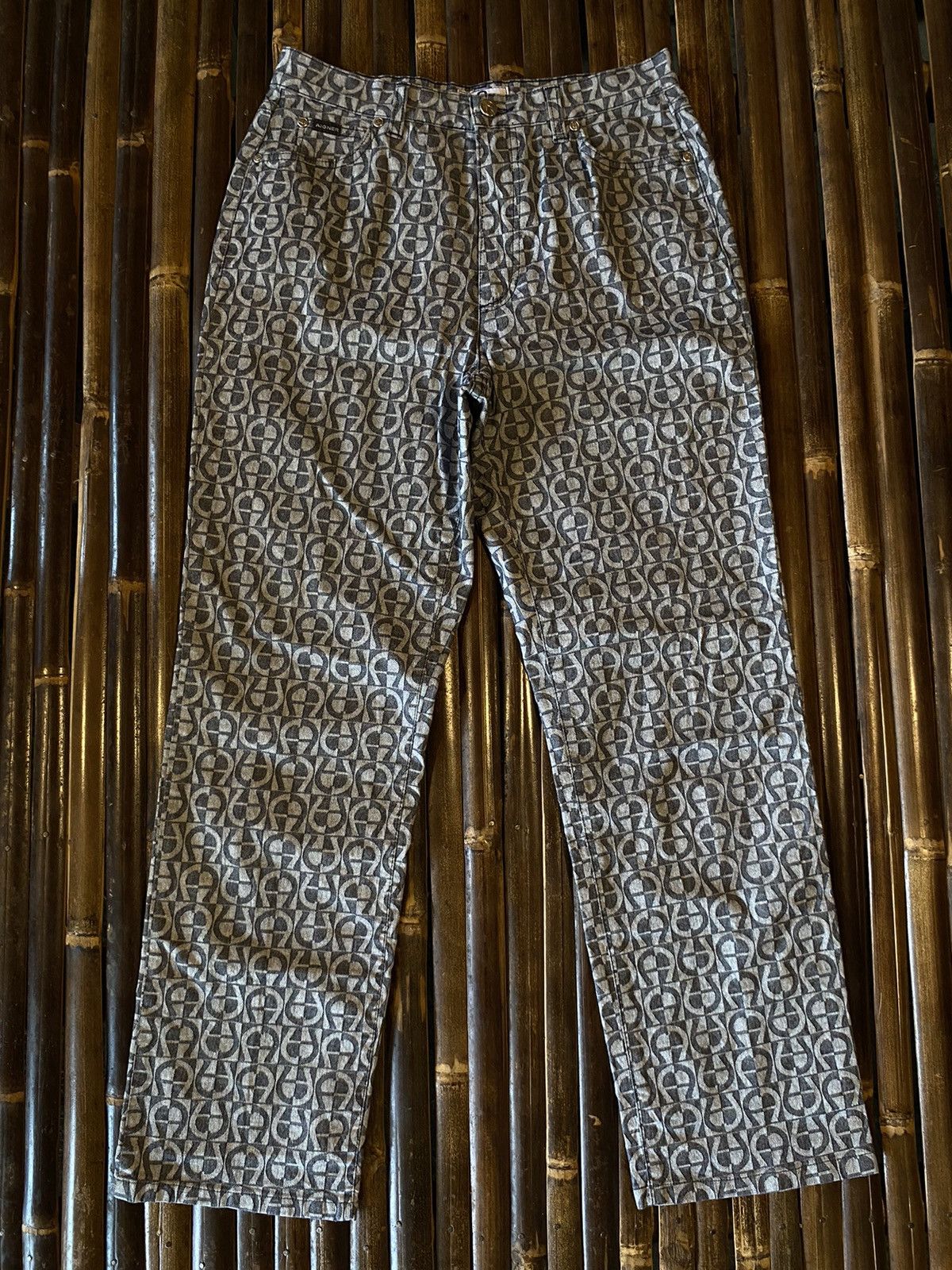image of Vintage Aigner Monogram Full Print Pants in Grey, Men's (Size 28)