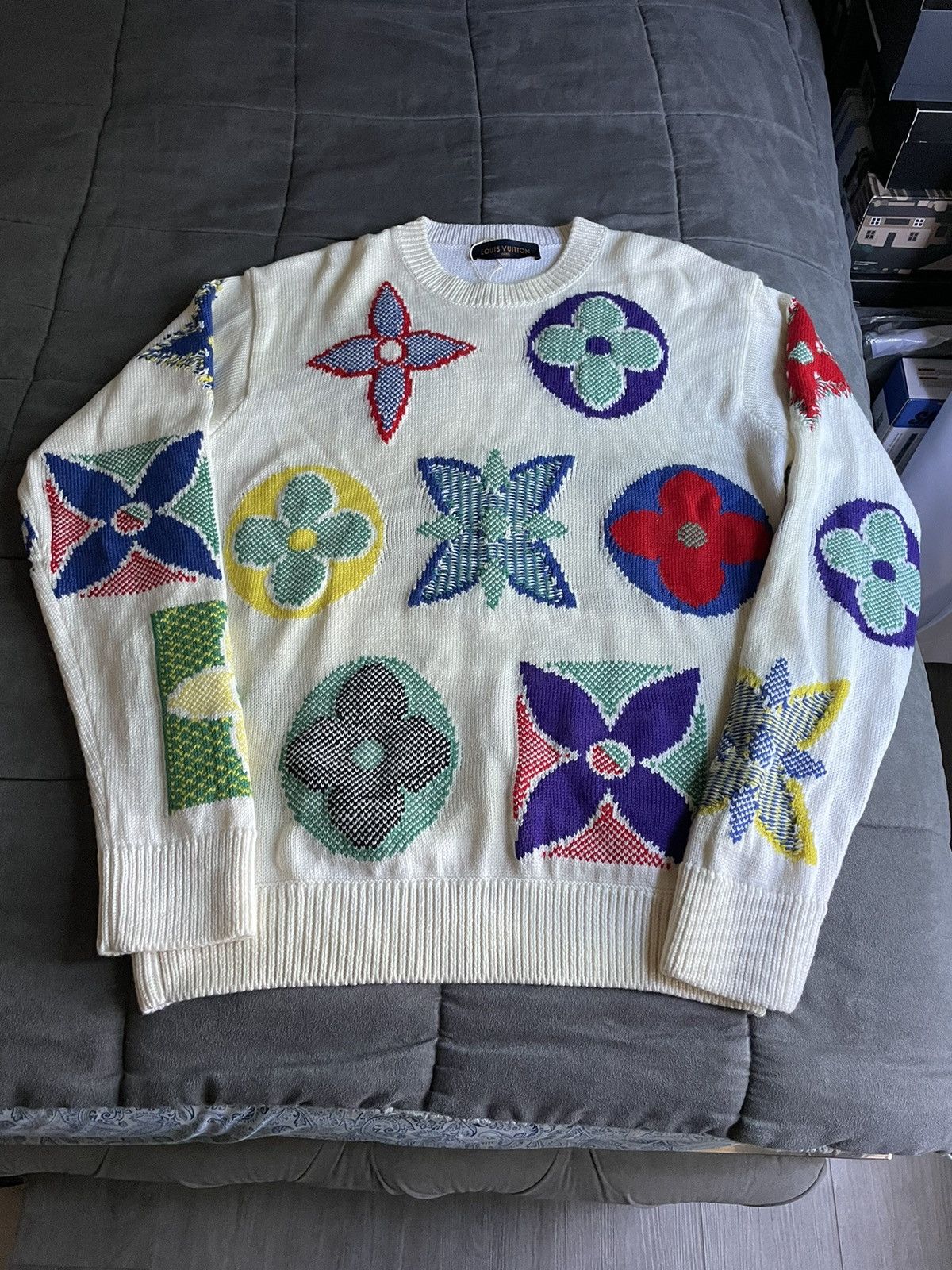 image of Louis Vuitton Multicolor Flower Monogram Wool Sweater in White, Men's (Size Large)