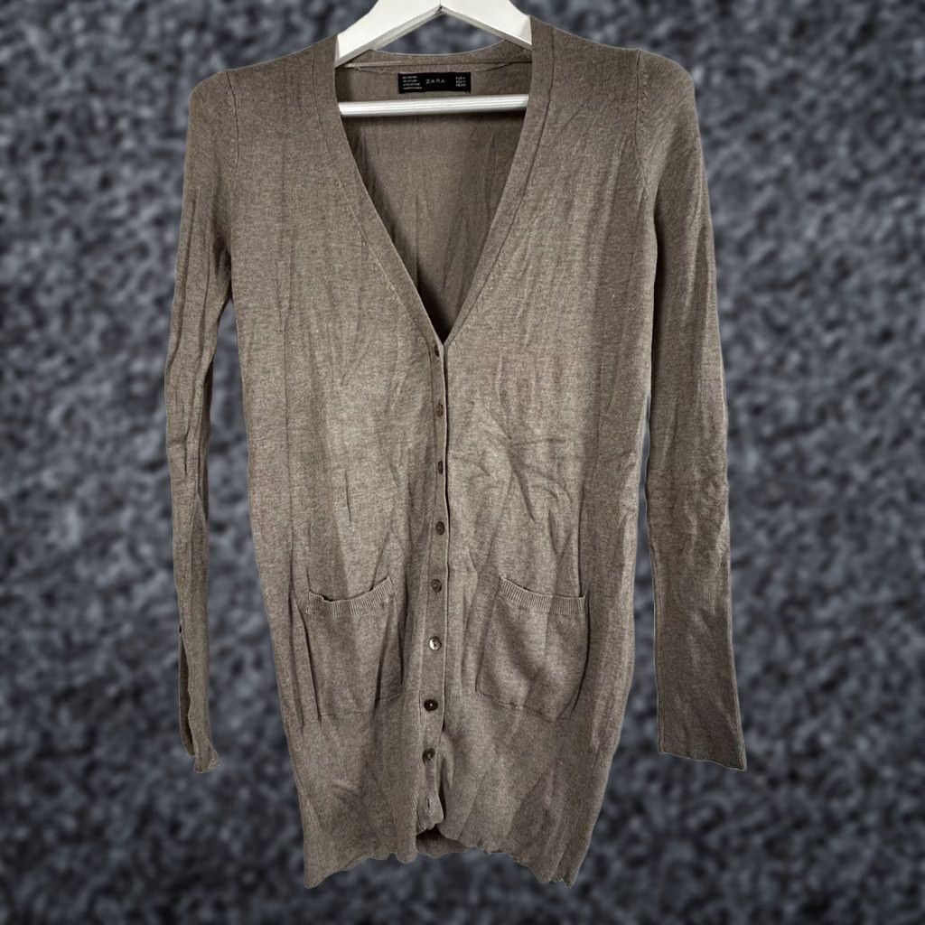 Zara Zara Women Long Taupe Button-Down V-Neck Cardigan Sweater Medium Pockets Casual Size M / US 6-8 / IT 42-44 - 1 Thumbnail