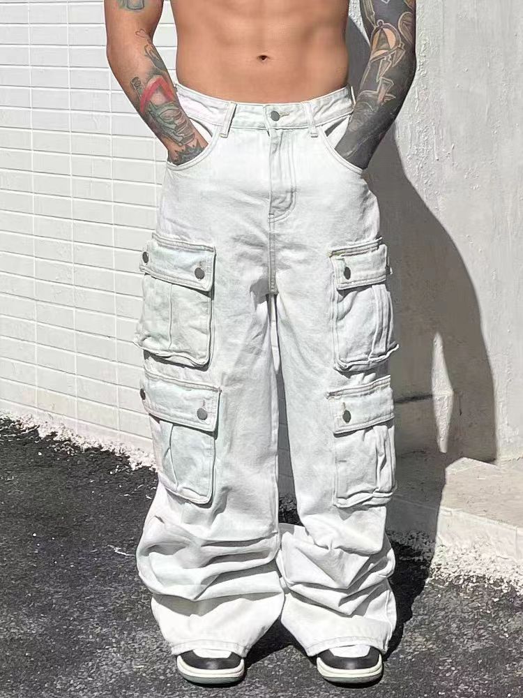 Image of White Washed Pocket Heavyweight Wide Leg Jeans, Men's (Size 30)