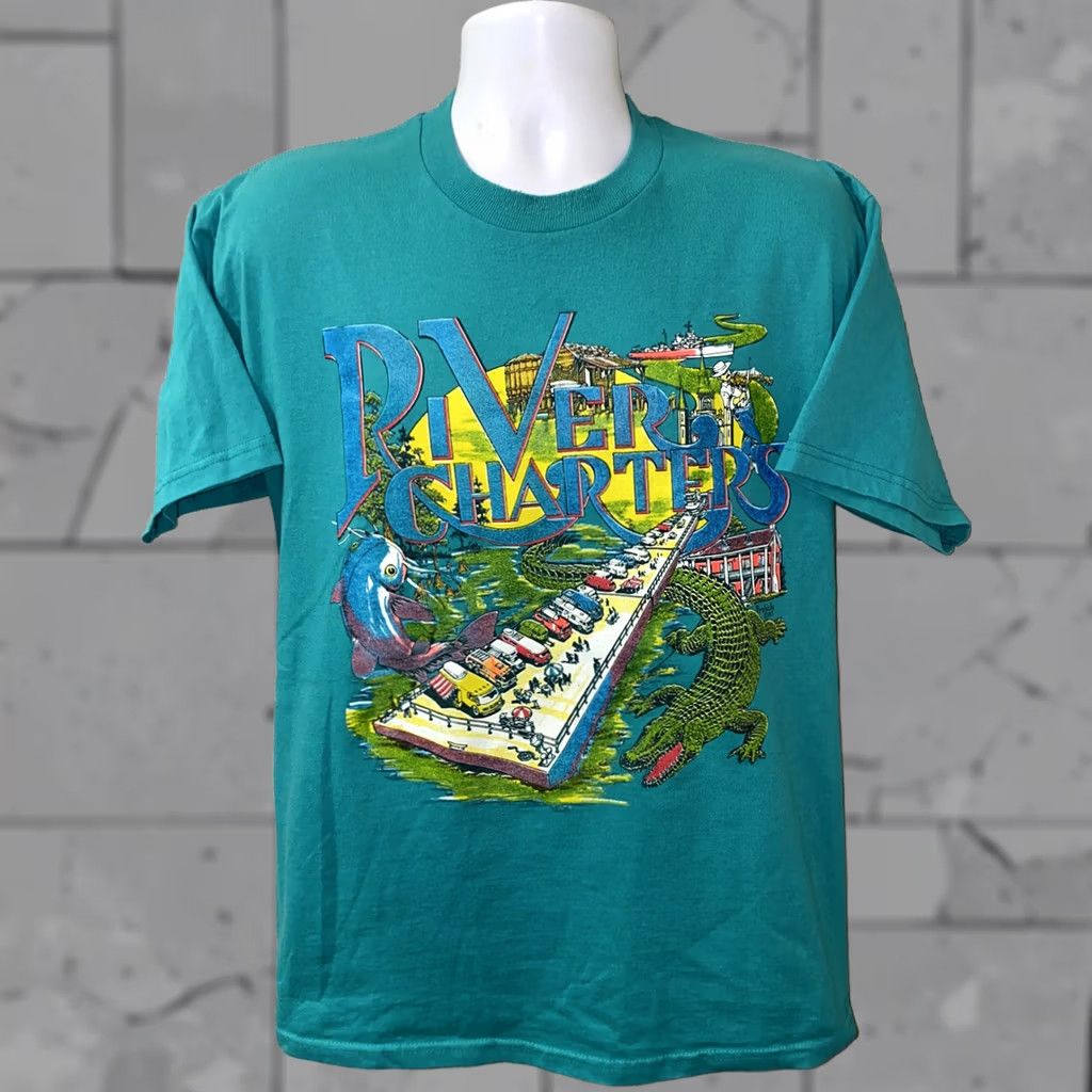 Vintage VINTAGE River Charters Short Sleeve Graphic T-Shirt Mens Teal M Cotton 21.5 In Armpit Size US M / EU 48-50 / 2 - 1 Thumbnail