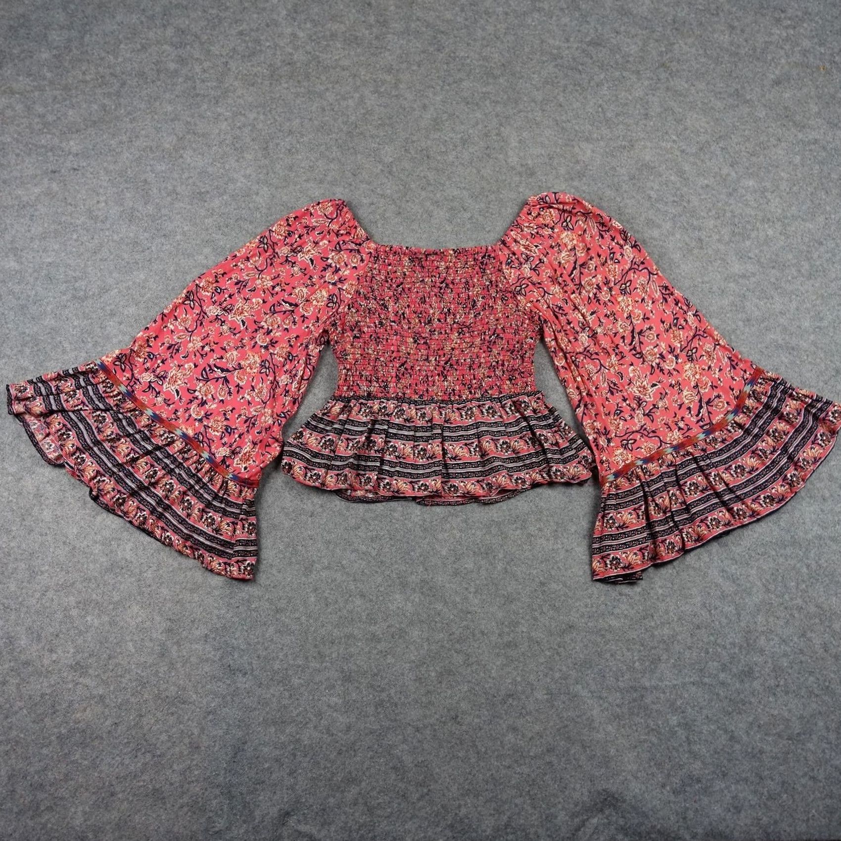 Bell Angie Blouse Shirt Womens Large Pink Floral Boho Bell Sleeve Smocked Square Neck Peasant Rayon L Size L / US 10 / IT 46 - 7 Thumbnail