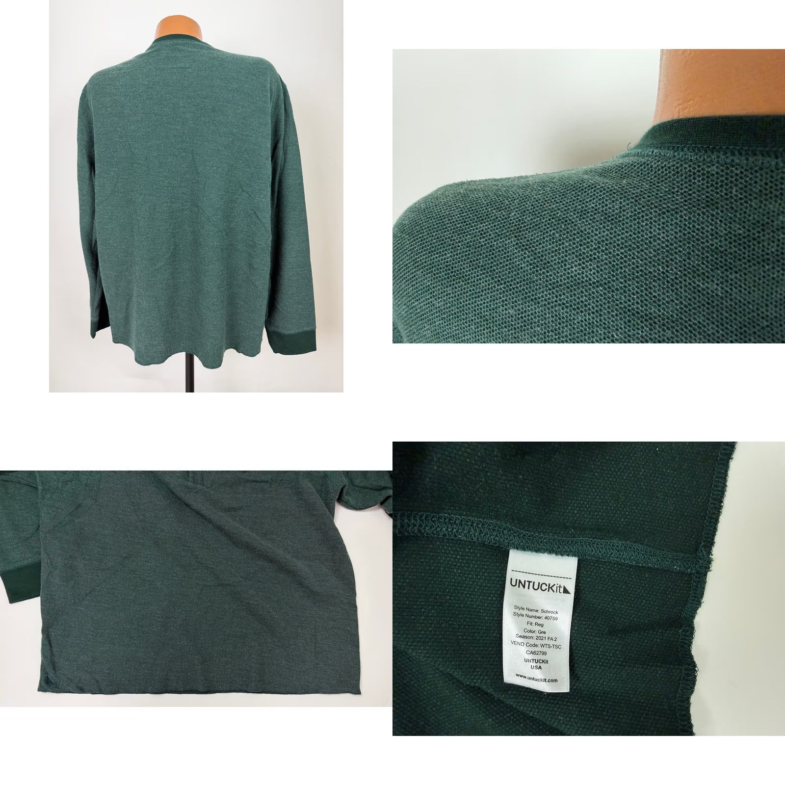 UNTUCKit UNTUCKit Henley Shirt Men XXL Minimal Outdoors Heather Forest Green Pique Knit Shirt Mens X200 Size US XXL / EU 58 / 5 - 8 Thumbnail