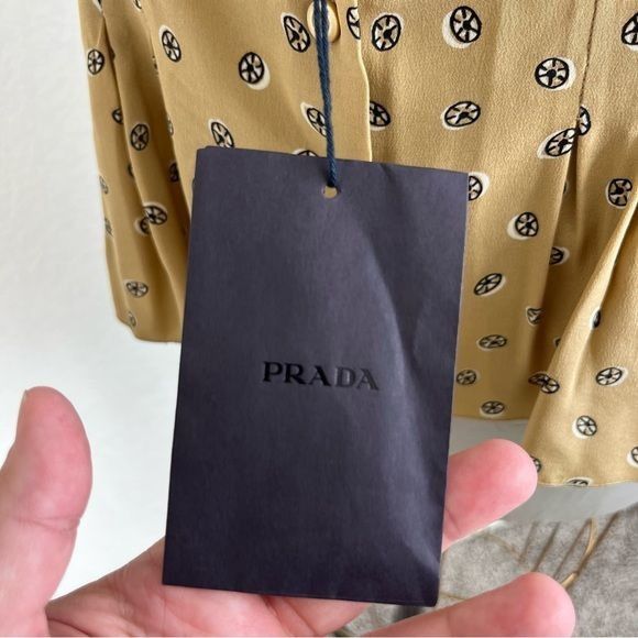 Prada Prada Silk Circular Pattern Button Down Tan Short Sleeve Blo Size L / US 10 / IT 46 - 6 Thumbnail