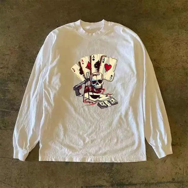 Japanese Brand Shia White casual retro skull poker print long sleeve tee Size US L / EU 52-54 / 3 - 1 Thumbnail