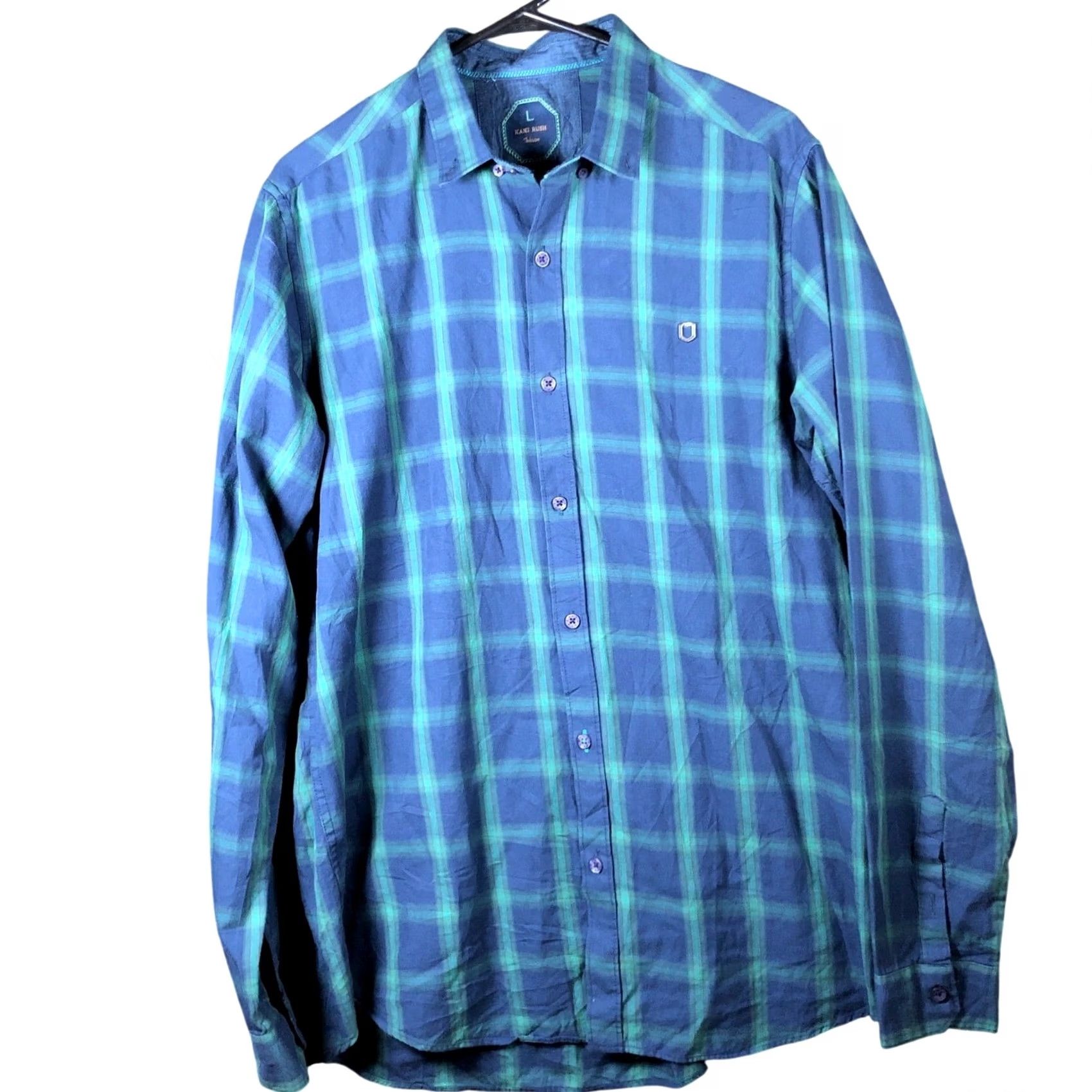 Vintage Kani Rush Mens Shirt Blue Green Plaid Button-Down 100% Cotton Long Sleeve Large L Regular Mens Size US L / EU 52-54 / 3 - 2 Thumbnail