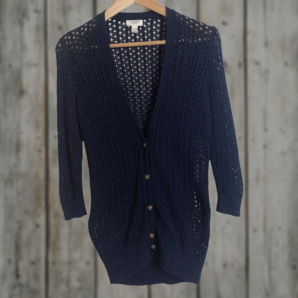 Lands' End Lands' End Canvas Cardigan Sweater Womens XS Navy Blue Open Knit 5-Button 100% Cotton Size XS / US 0-2 / IT 36-38 - 1 Thumbnail