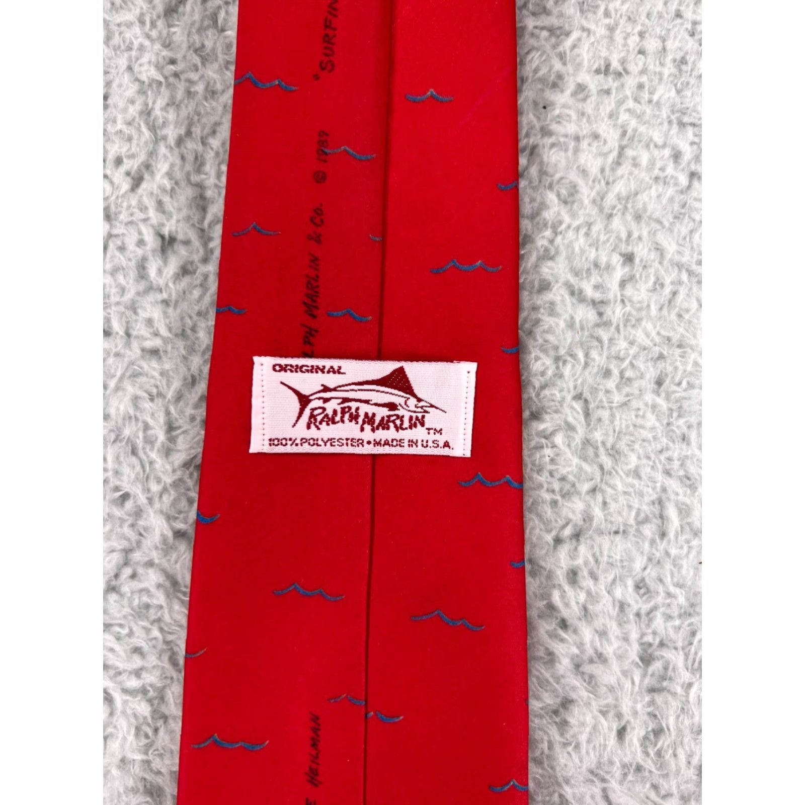Vintage VINTAGE Ralph Marlin Mens Tie Short Red Snow Man "Surfin Santa" Christmas 1989 Classic Pattern Holiday Man Size ONE SIZE - 5 Thumbnail