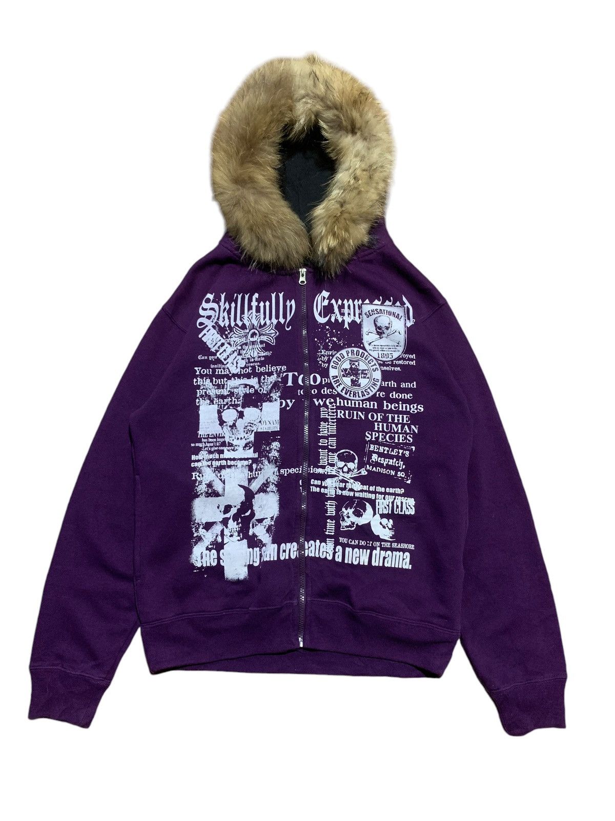 Bay Leaf skull cross punk fur hoodie rock style