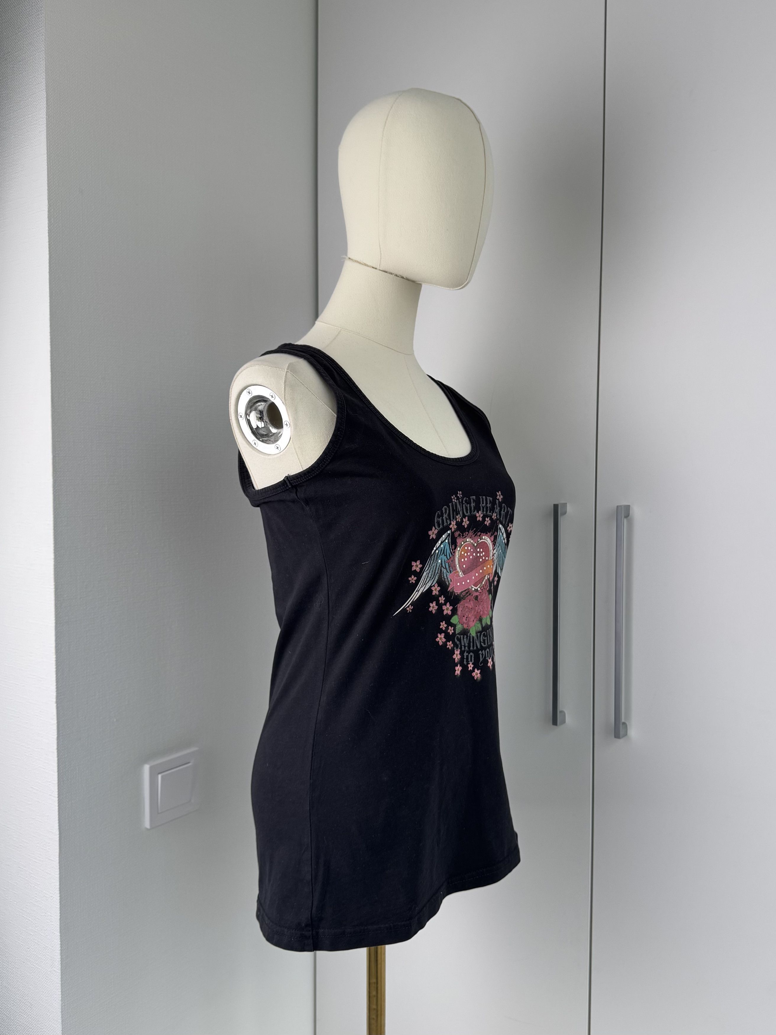 Vintage Women Black Tank Top Y2K Vintage Graphic Heart Print Top Size M / US 6-8 / IT 42-44 - 2 Thumbnail