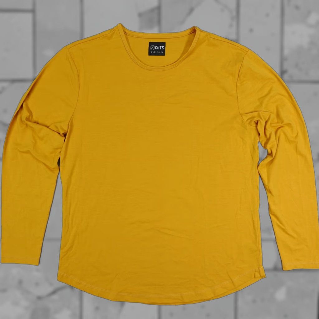 UES Clothing Cuts Clothing Curve Hem Long Sleeve Tee Crew Stretch Mustard Slim Fit Size L Mens T-Shirt Cotton Polyester Spandex Size US L / EU 52-54 / 3 - 1 Thumbnail