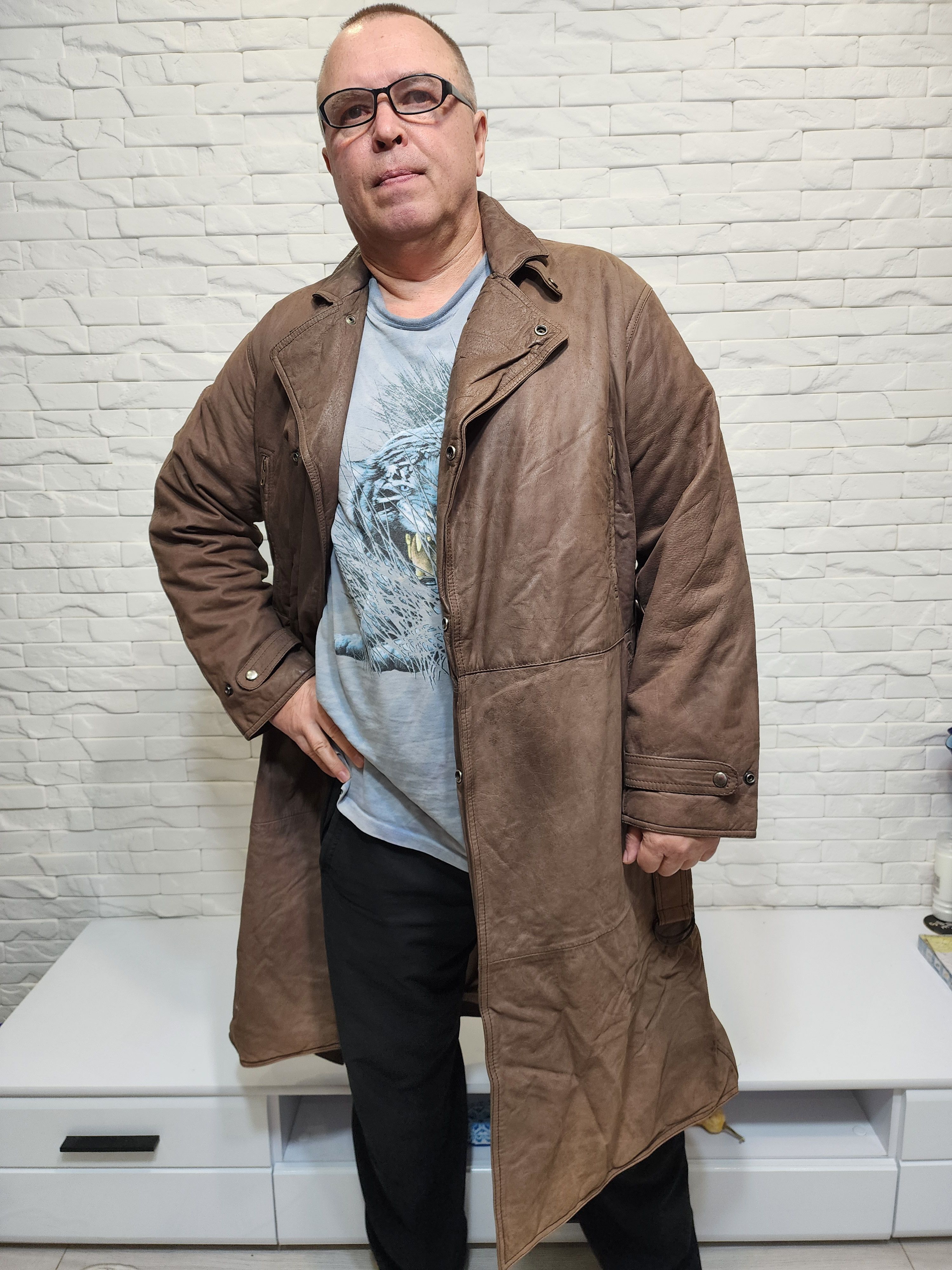 Genuine Leather Brown Genuine Leather Men's Coat with Belt Size US L / EU 52-54 / 3 - 1 Thumbnail