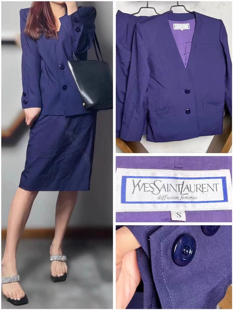 Yves Saint Laurent YSL Purple Wool Coat & Skirt Set Size US S / EU 44-46 / 1 - 1 Thumbnail