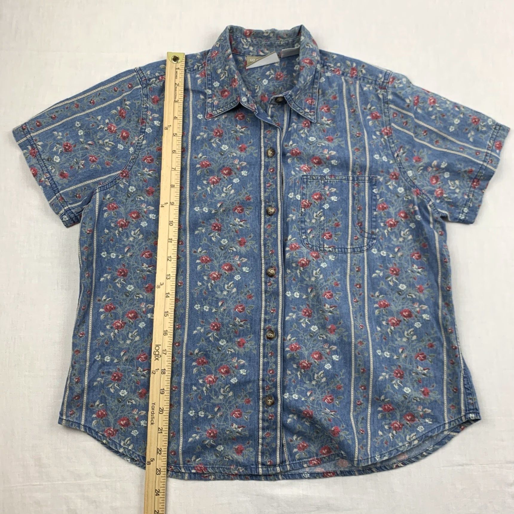Liz Claiborne VINTAGE Liz Claiborne Women's Short Sleeve Button-Up Shirt Petite Medium Blue Floral 90s Y2K Size M / US 6-8 / IT 42-44 - 5 Thumbnail