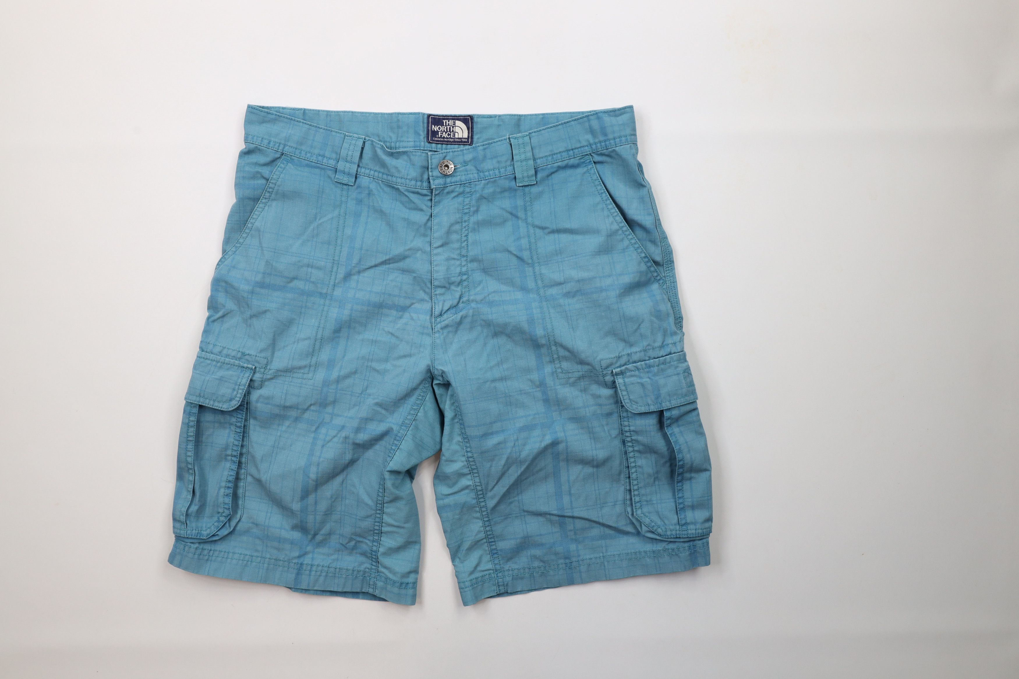 The North Face × Vintage Vintage The North Face Spell Out Cargo Shorts Blue Plaid Size US 34 / EU 50 - 1 Thumbnail