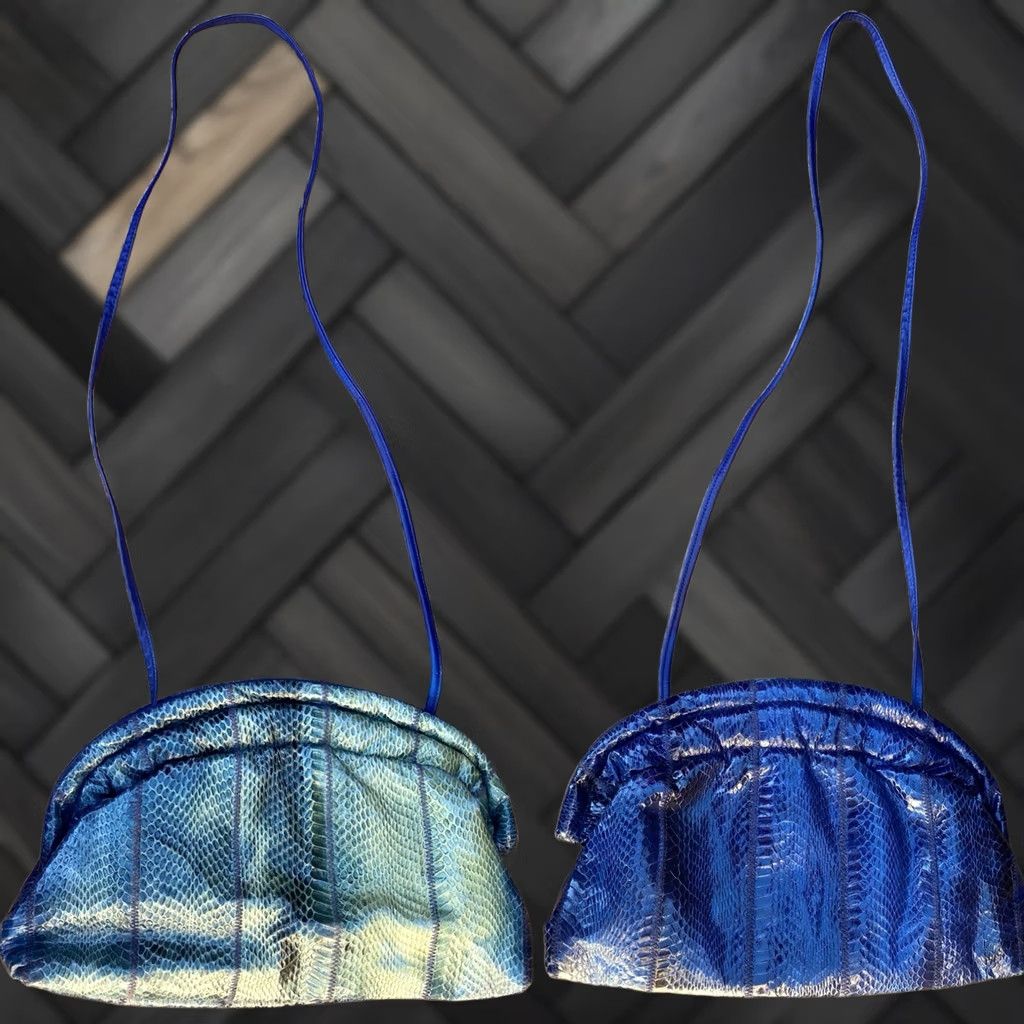 Vintage VINTAGE Morgan Taylor Leather Snakeskin Handbag Blue Purse Bag Womens Shoulder Bag 1980s Glitter Size ONE SIZE - 1 Thumbnail