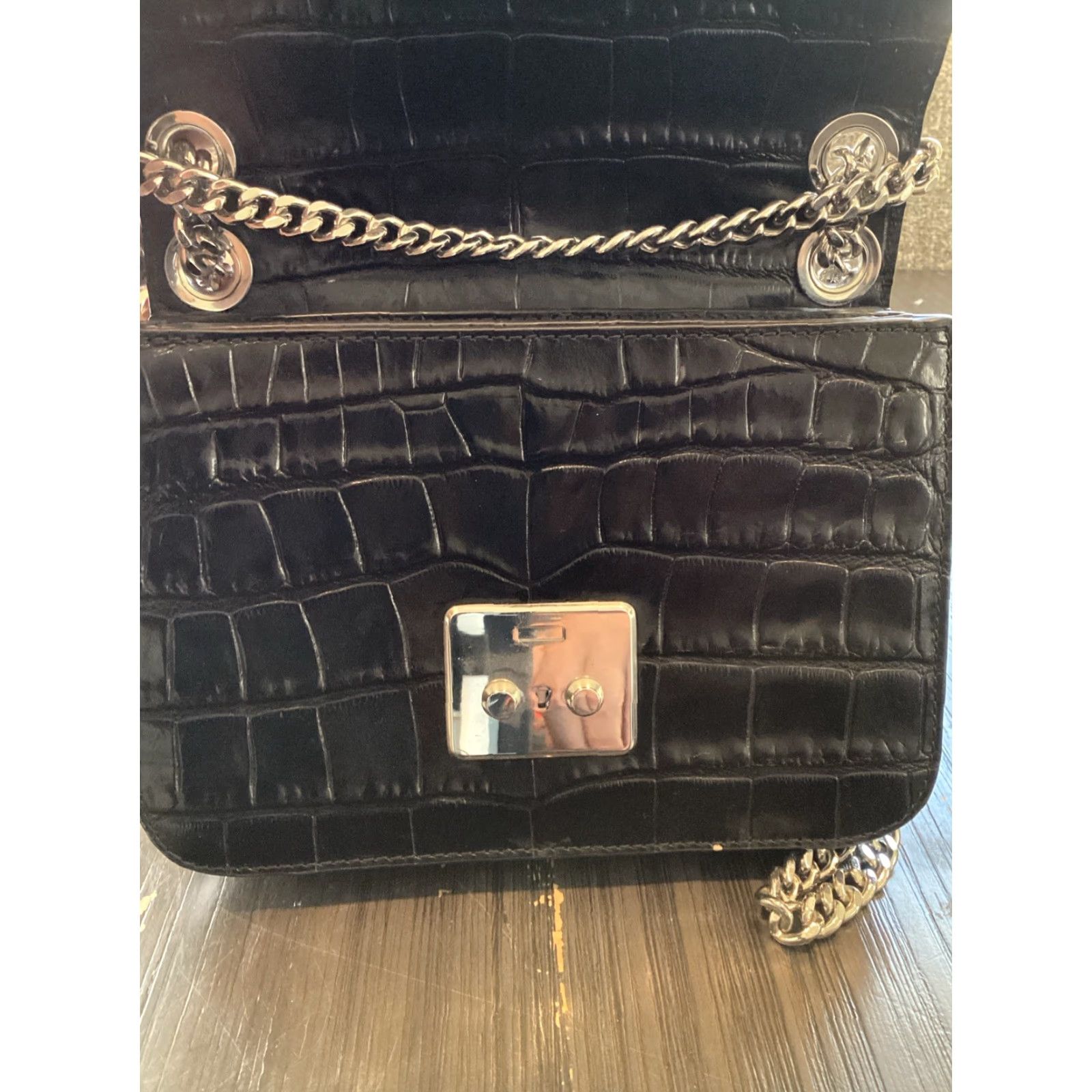 Michael Kors Michael Kors Sloan Editor Black Leather Crocodile Embossed Chain Strap Handbag Medium Black Womens Size ONE SIZE - 7 Thumbnail