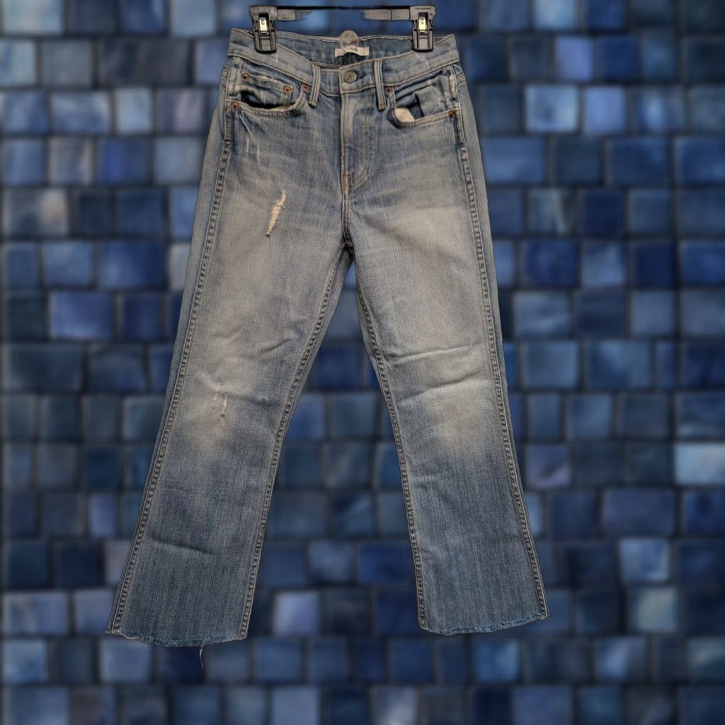 GRLFRND GRLFRND Joan Crop Flare Jeans - Blue Denim - 24 Inseam - Low Rise - Distressed - Raw Hem - Women's Jeans Size 42" / US 20 - 1 Thumbnail