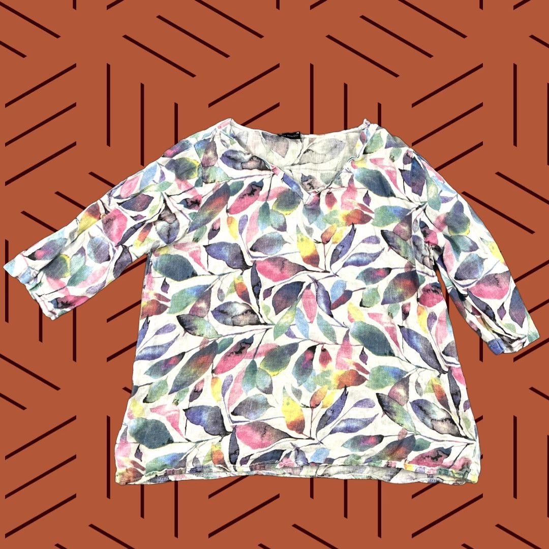 Vintage LUCA VANUCCI Blouse Women Medium White Floral Leaf 100% Linen Roll Top Italy Womens Size M / US 6-8 / IT 42-44 - 1 Thumbnail
