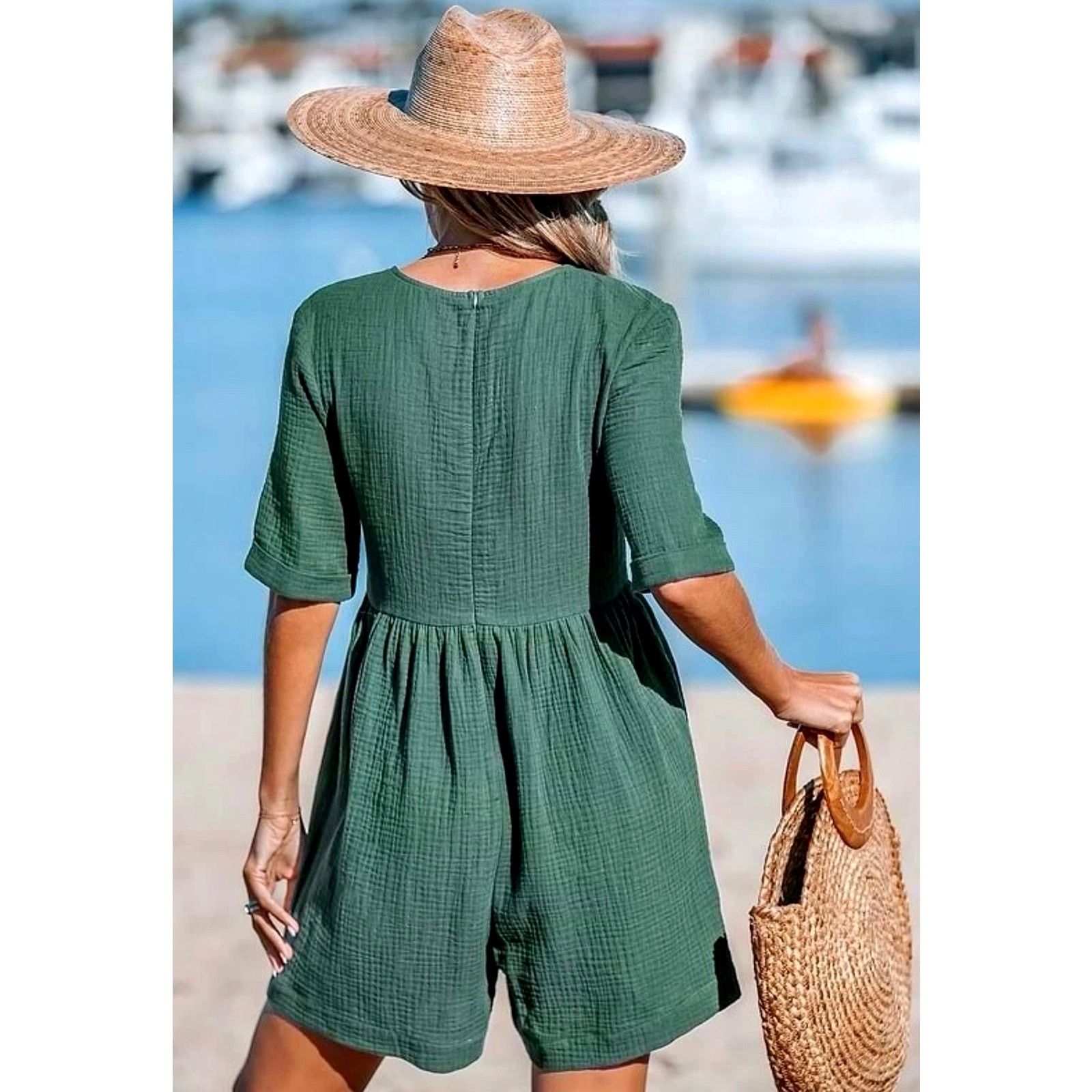 Other Cupshe Romper V Neck Wide Leg Pockets Beach Green L Size 32" / US 10 / IT 46 - 5 Thumbnail