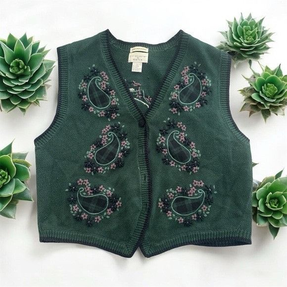 Other Vintage Christopher & Banks Hand Embroidered Forest Green Kn Size L / US 10 / IT 46 - 1 Thumbnail