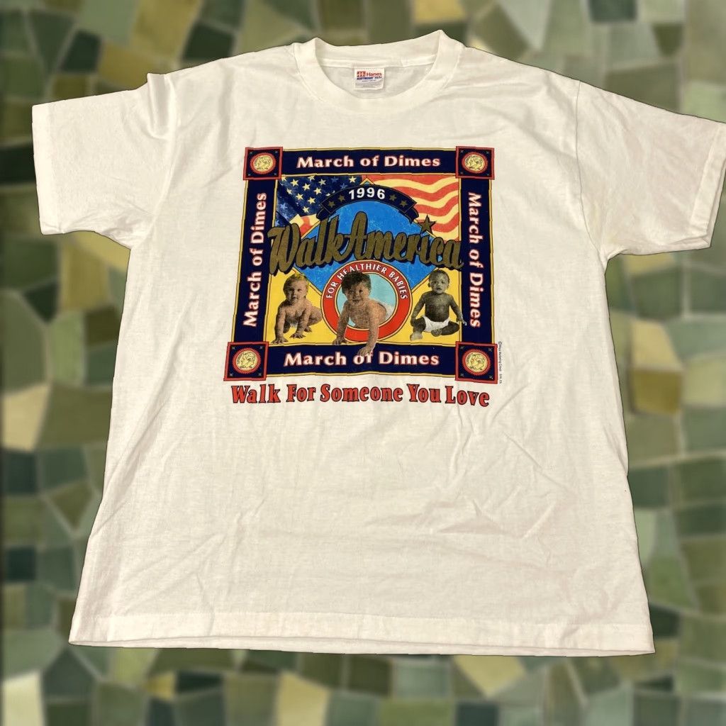 Hanes VINTAGE March of Dimes Walk America Shirt Mens Large White 90s USA Flag Graphic Print T-Shirt Mens Size US L / EU 52-54 / 3 - 1 Thumbnail