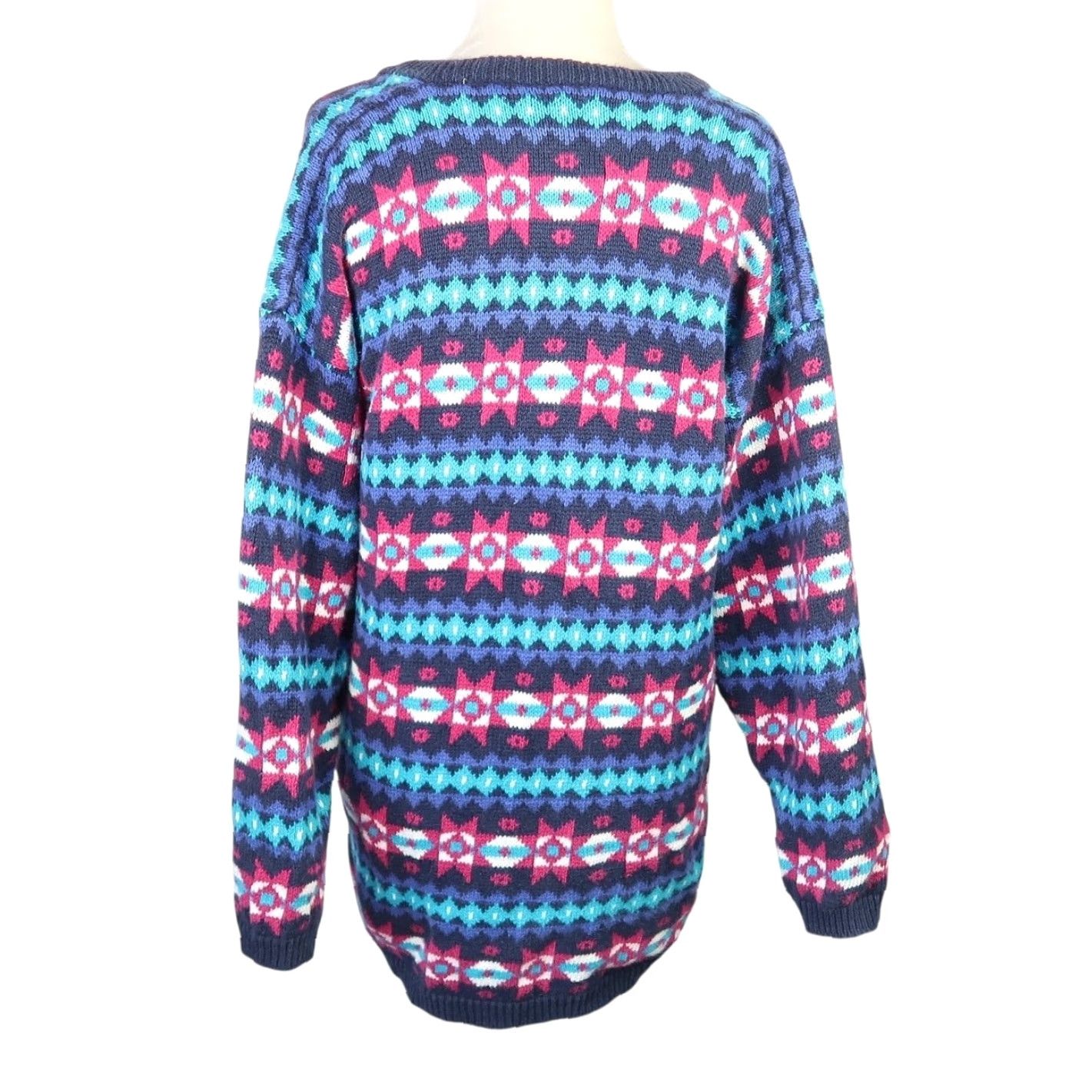 Nordstrom VINTAGE 90s Geometric Cotton Knit Sweater M Navy Blue Pink Geometric V-Neck Pullover Womens Size M / US 6-8 / IT 42-44 - 4 Thumbnail